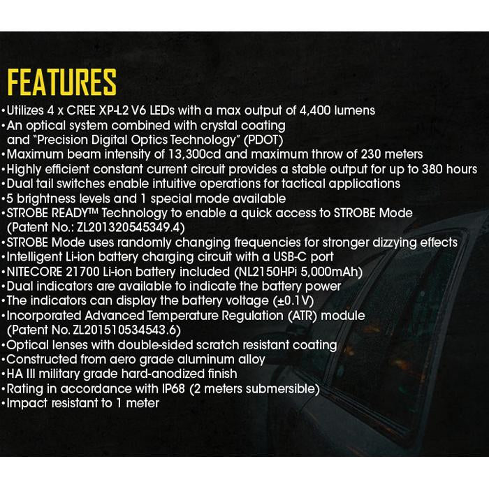 Nitecore i4000R 4400 Lumens USB-C Rechargeable Tactical Flashlight 4400流明USB-C充電手電筒